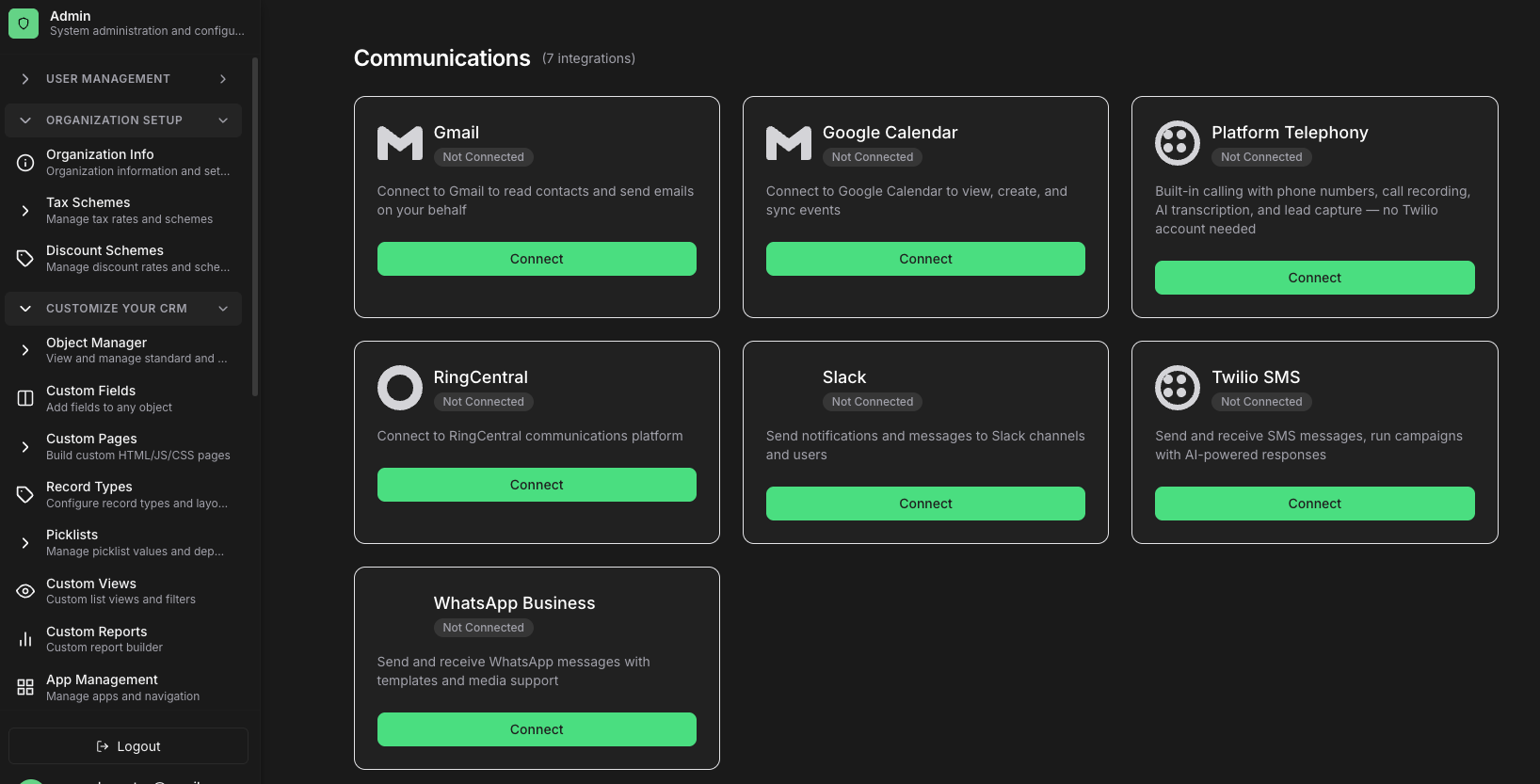 Ava CRM — Admin & Custom Fields